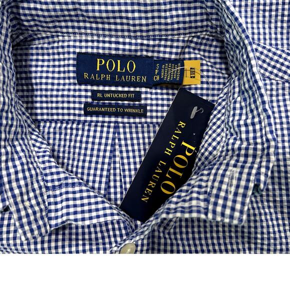 Polo Ralph Lauren Blue & White Check Print Short Sleeve Button-Up Shirt Mens S - Picture 6 of 7